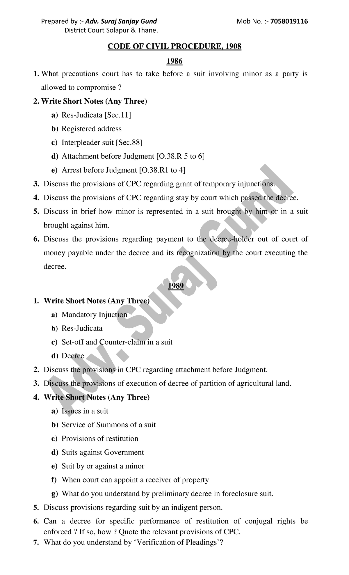 CPCMains Questions (pdf) District Court Solapur & Thane. CODE OF