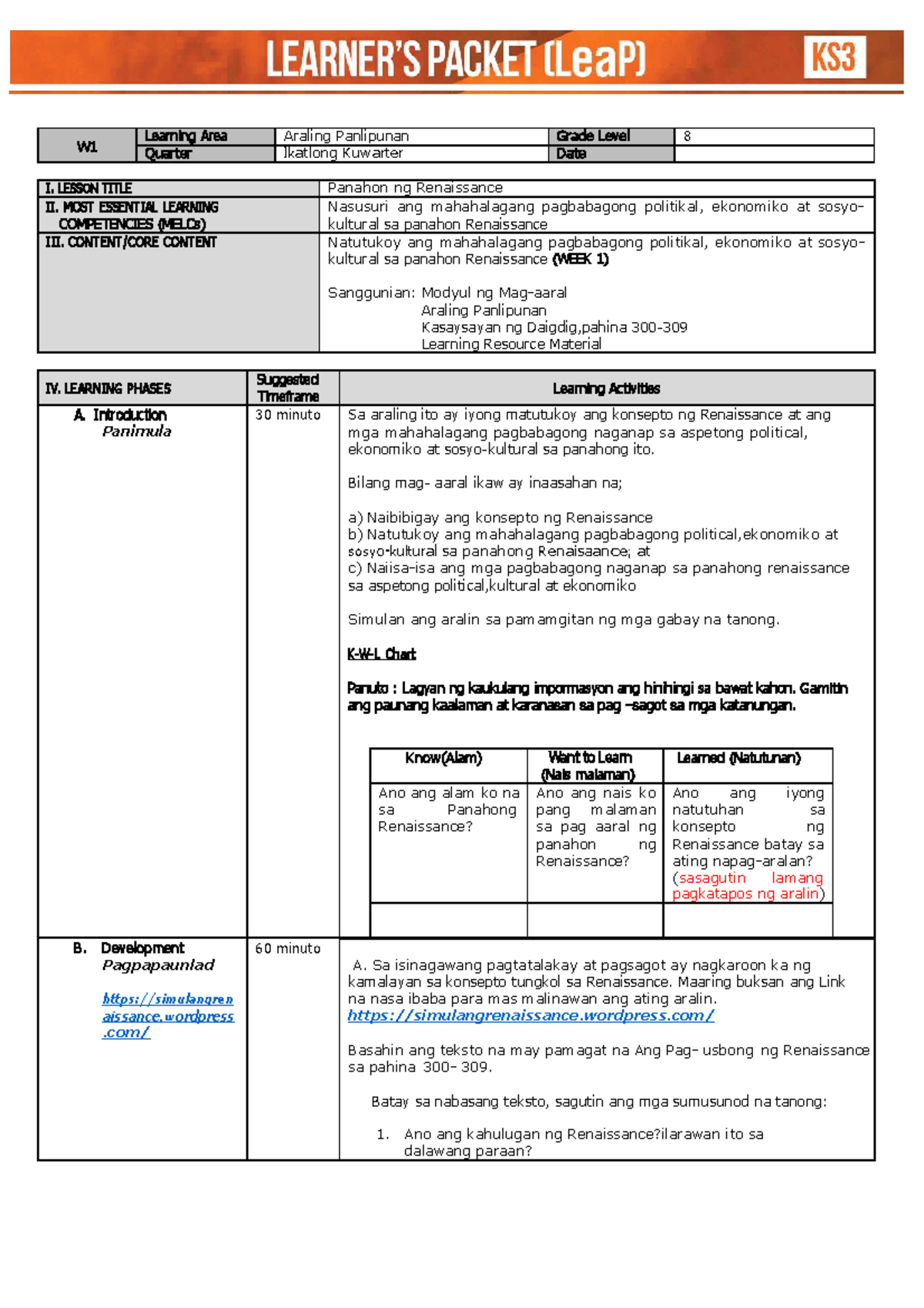 Lea P AP G8 Week 1 Q3 - .... - W 1 Learning Area Araling Panlipunan ...