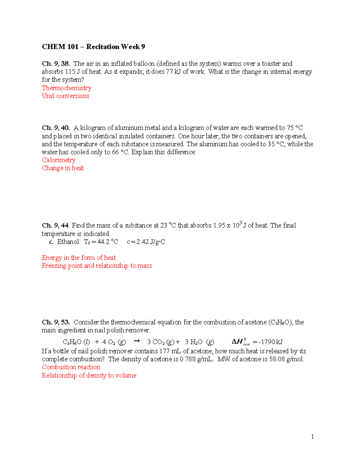 CHEM 101 Recitation Week 9 - CHEM 101 – Recitation Week 9 Ch. 9, 38 ...