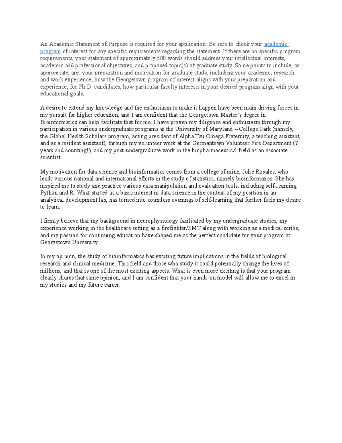 Bioinformatics An Academic Statement of Purpose is