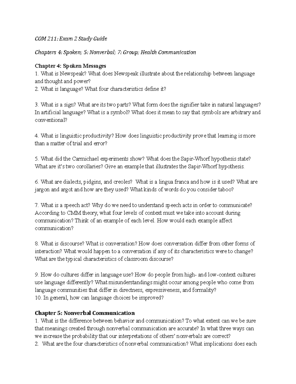 COM 211 Exam 2 Study Guide Chapters 4 5 7 Health COM 211 Exam 2