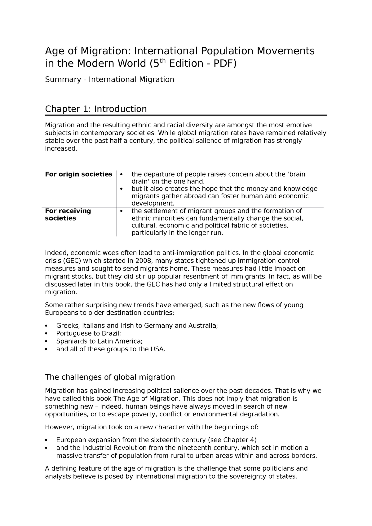 Summary, Service Operations, Chapter 1 - 12 - Chapter 1: Migration, in the  industrialized nations - Studeersnel