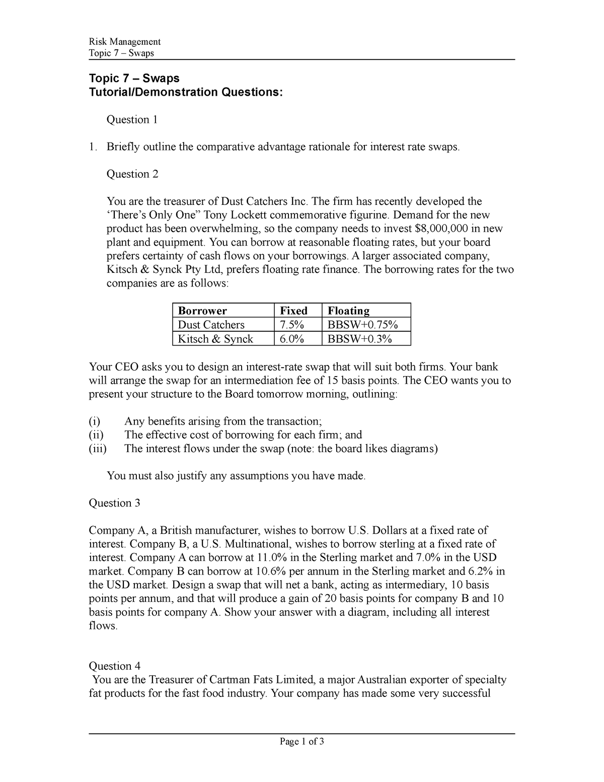 Swaps Tutorials Materials Questions - Risk Management Topic 7 – Swaps ...