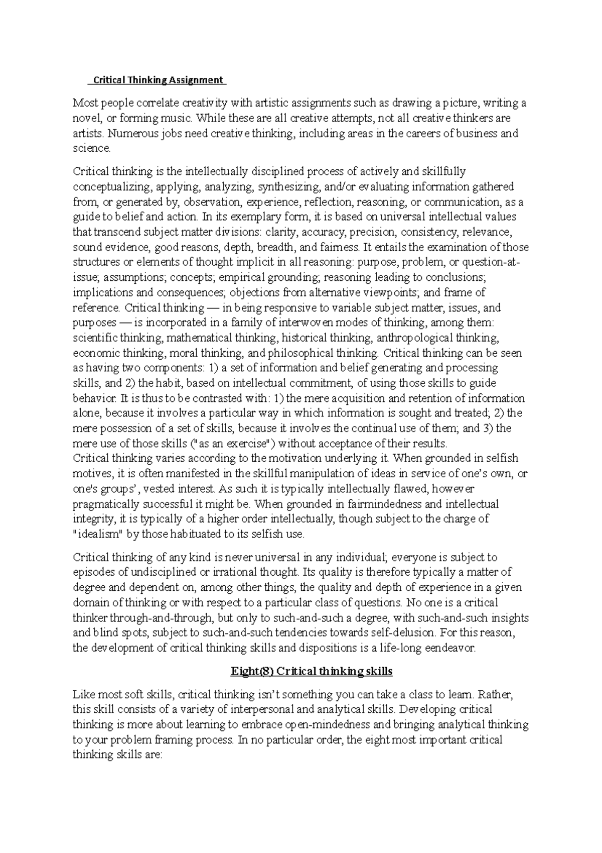 Critical thinking Assignment - Critical Thinking Assignment Most people ...