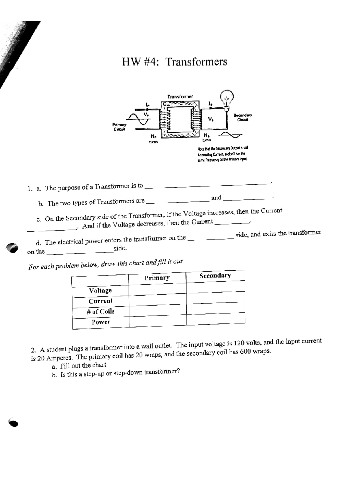 Homework Number 4 Transformers Practice For Honors Physics - Studocu