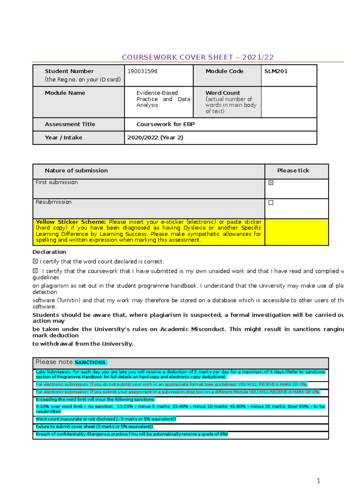 CASP checklist for evidence based practice COURSEWORK COVER SHEET