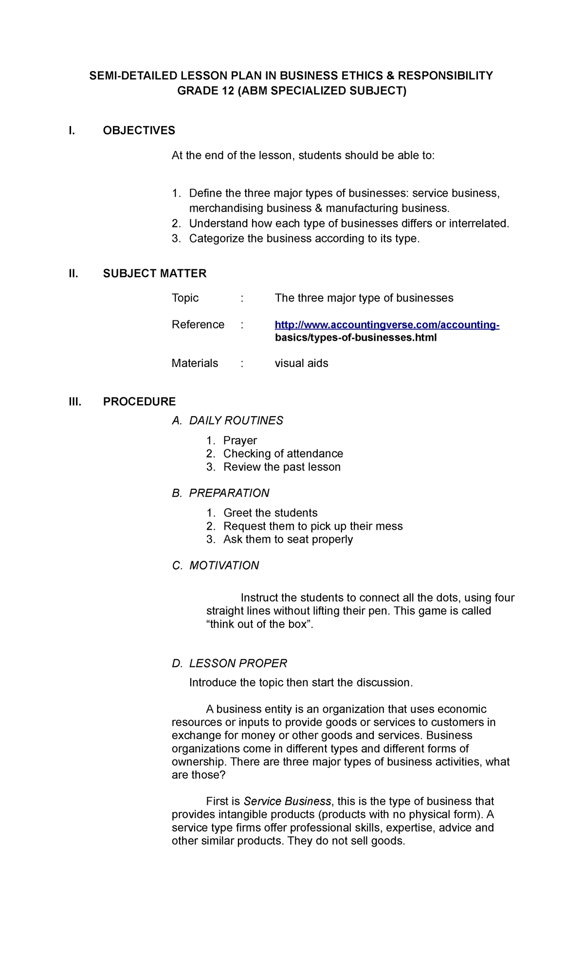 Lesson Plan Grade 12 ABM Specialized Subject SEMI DETAILED LESSON 