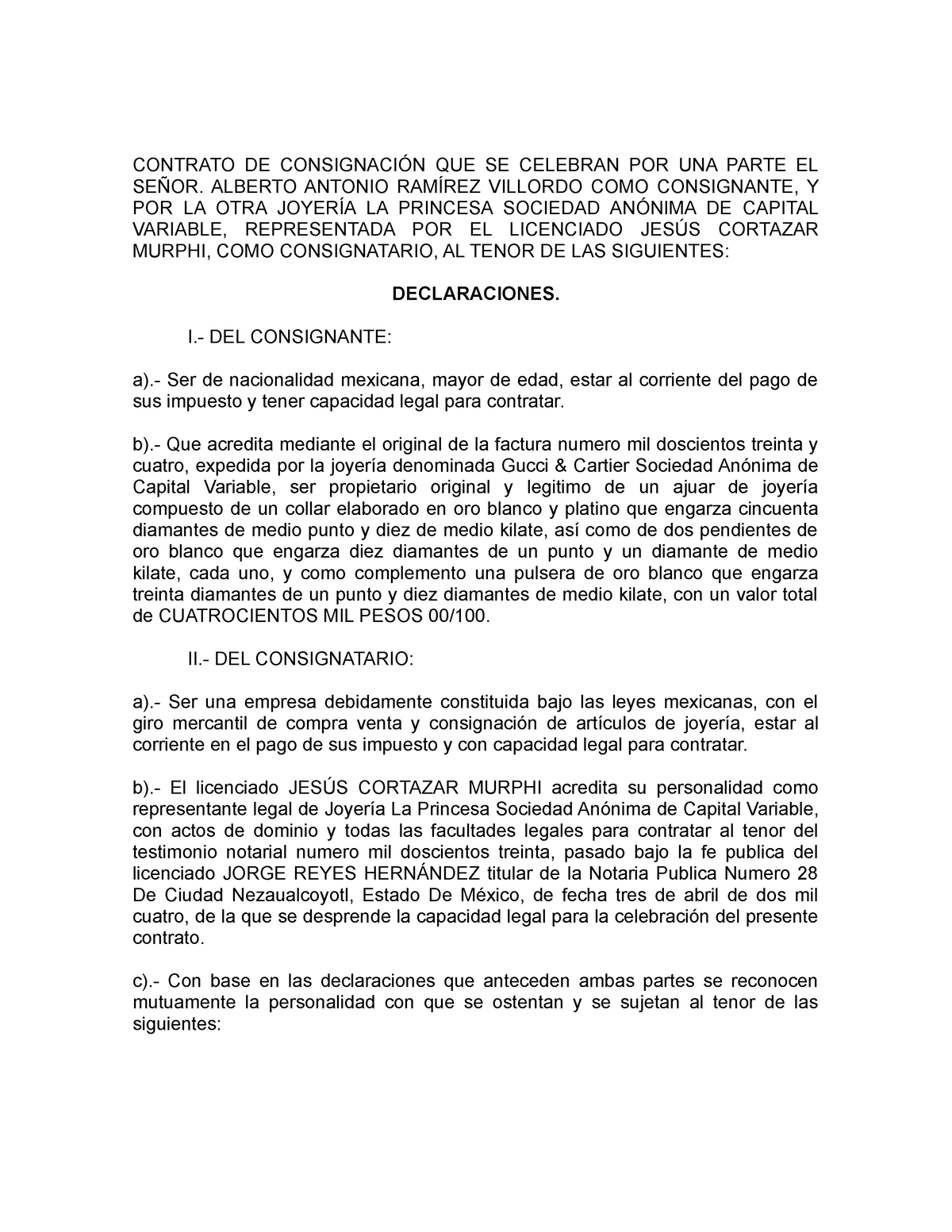 Contrato de Consignación - CONTRATO DE CONSIGNACIÓN QUE SE CELEBRAN POR ...