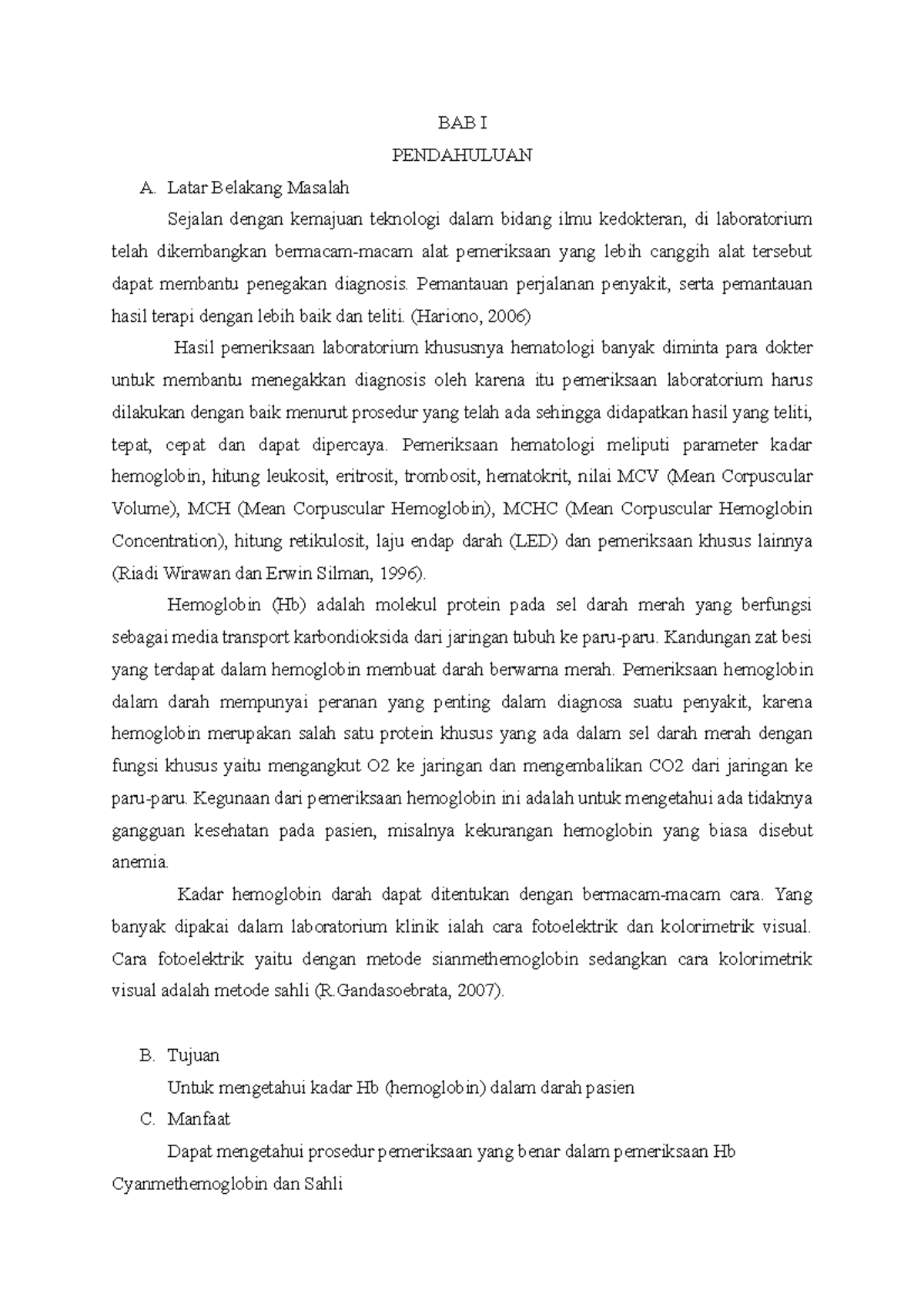 Laporan praktikum hb - Hemoglobin - BAB I PENDAHULUAN A. Latar Belakang ...