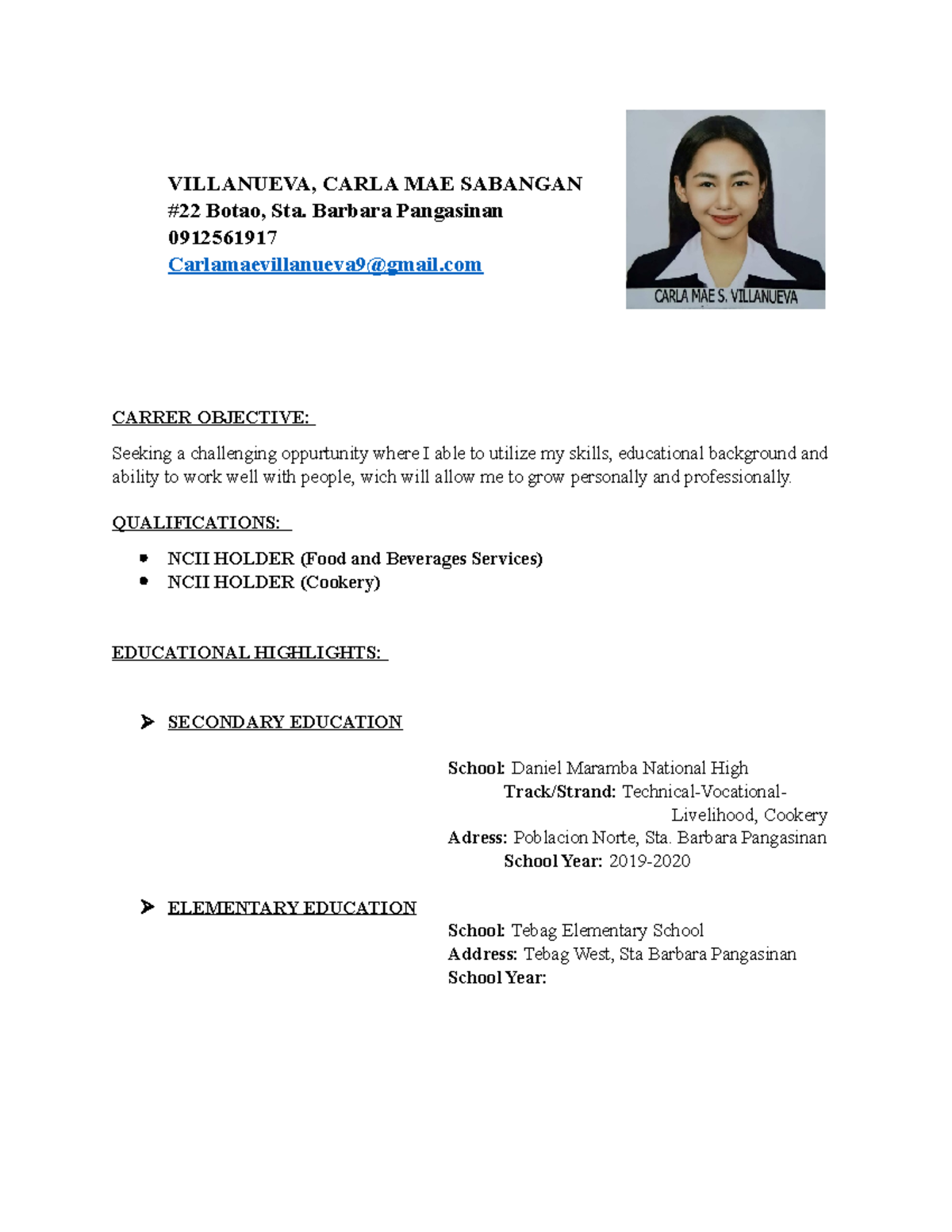 Resume For Job Application - Hope This Helps - Villanueva, Carla Mae 