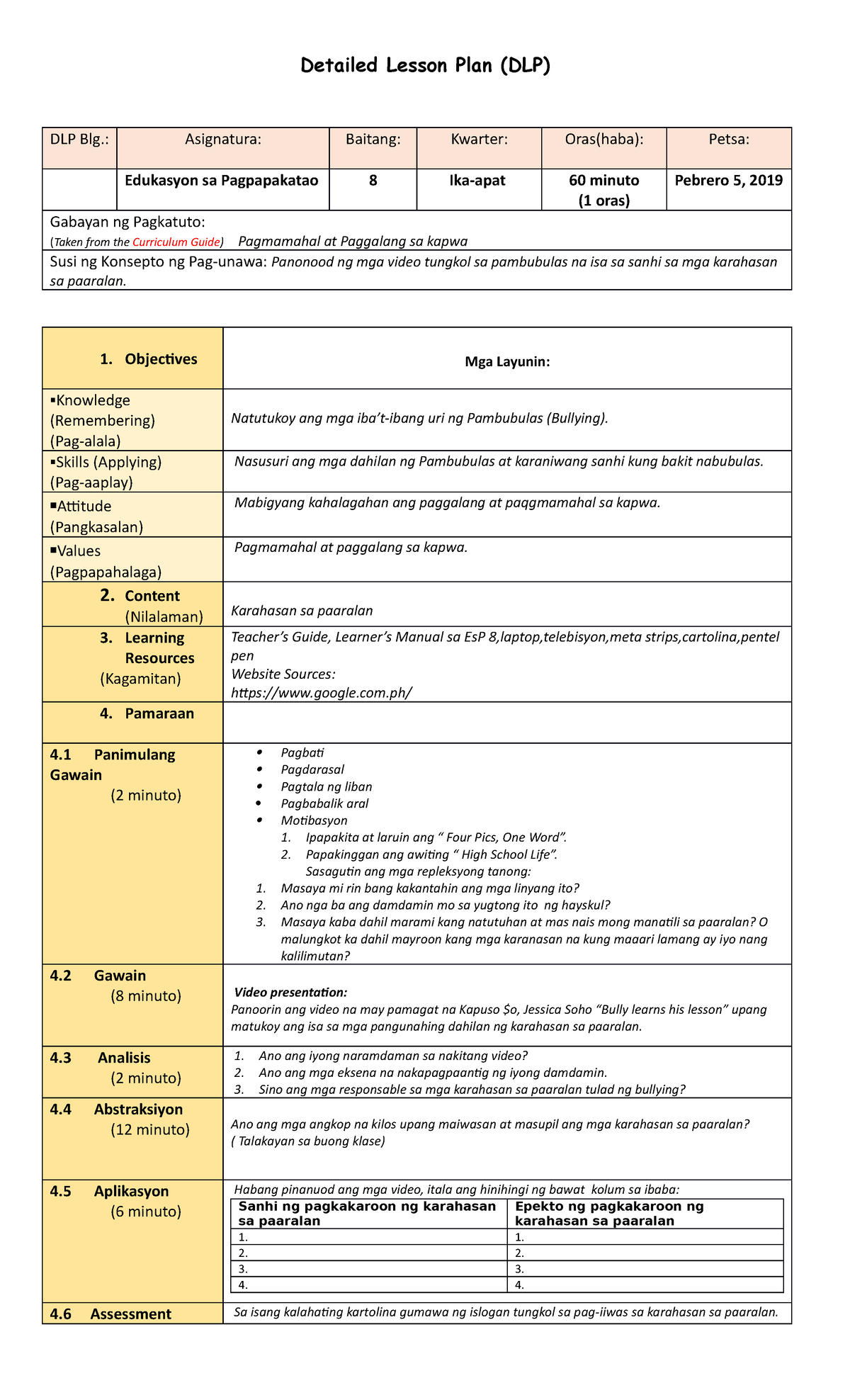 DLP ESP DEMO - Sdafas - Detailed Lesson Plan (DLP) DLP Blg.: Asignatura ...