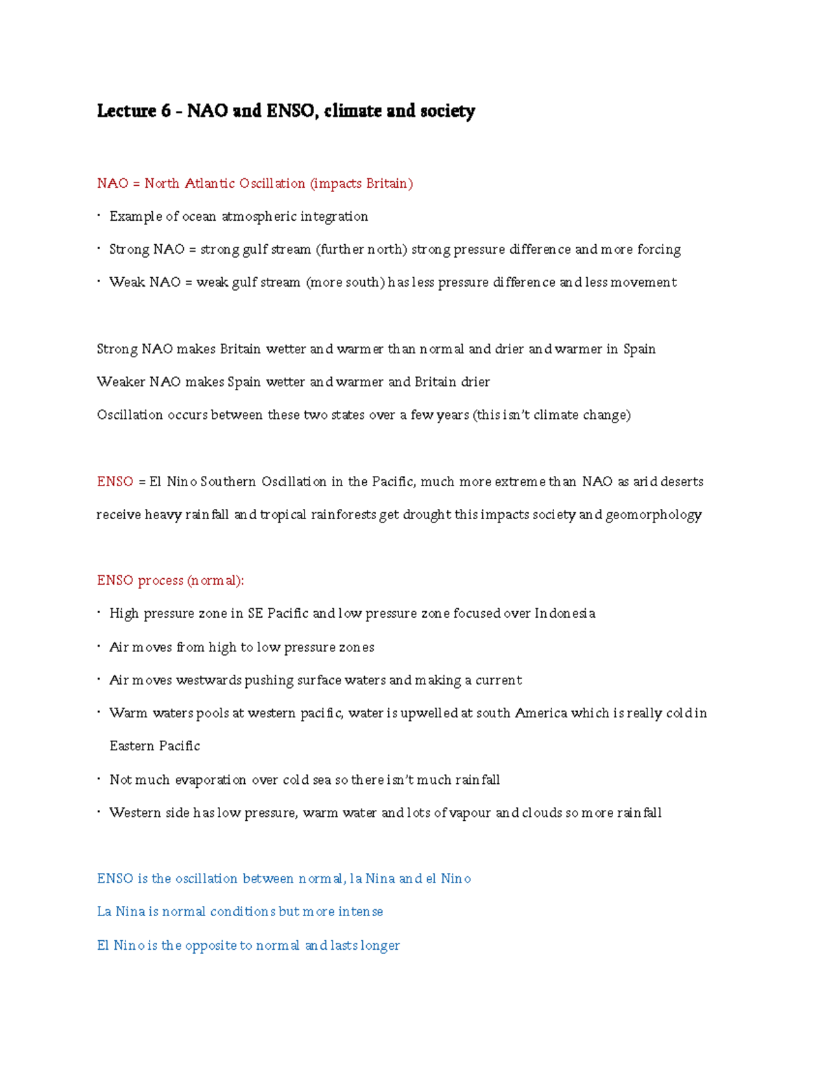 6 NAO And ENSO - Lecture Notes 6 - Lecture 6 - NAO And ENSO, Climate ...