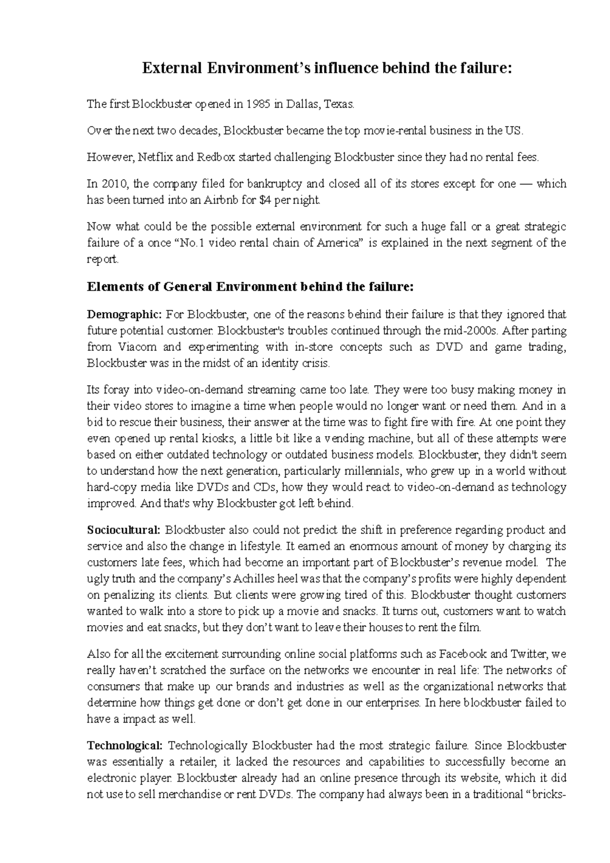 Blockbuster LLC and its reason for downfall - External Environment’s ...