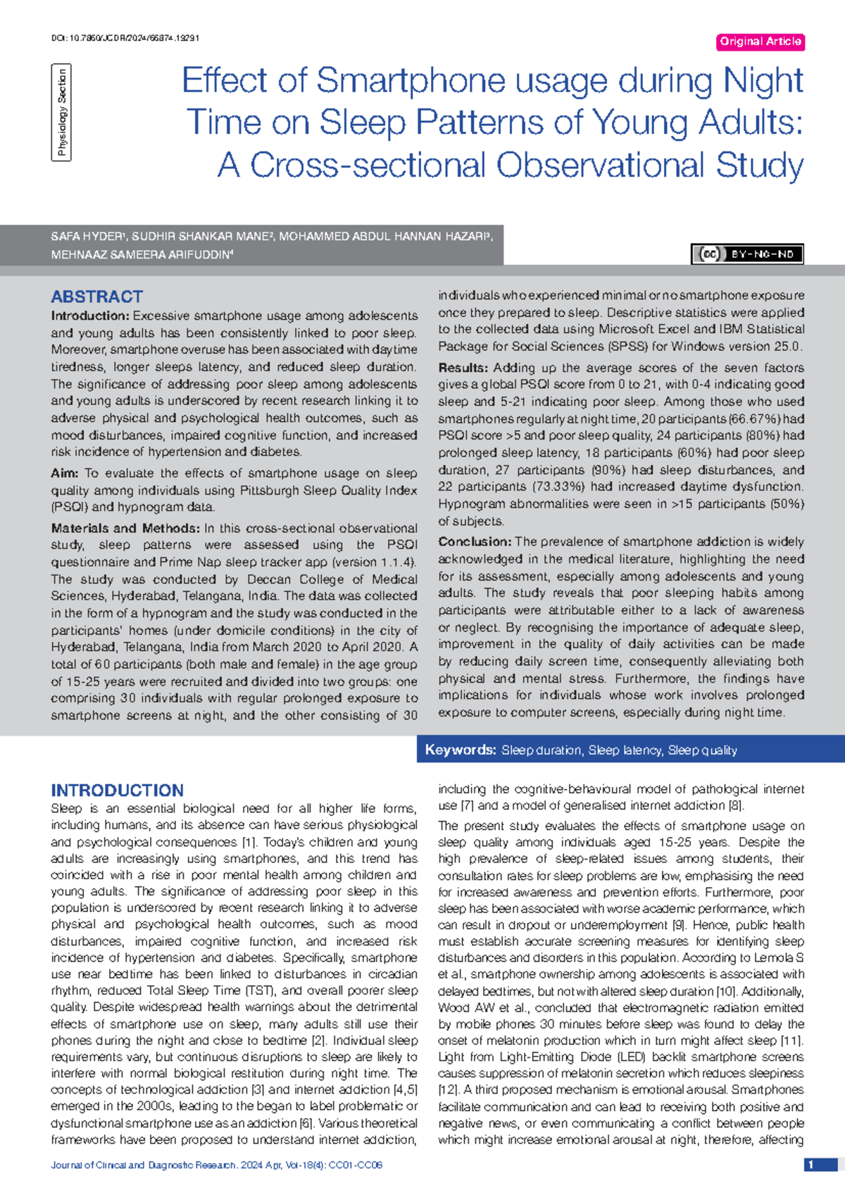 Effect of Smartphone usage during Night Time on Sleep Patterns of Young ...