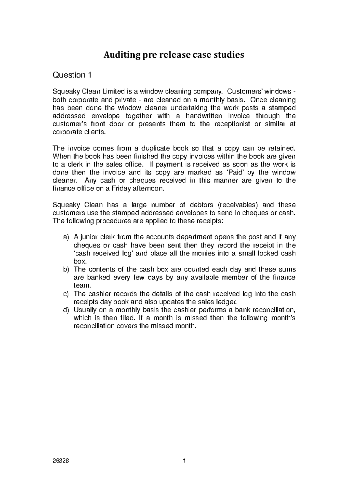 Exam January 2013, questions - 26328 1 Auditing pre release case ...