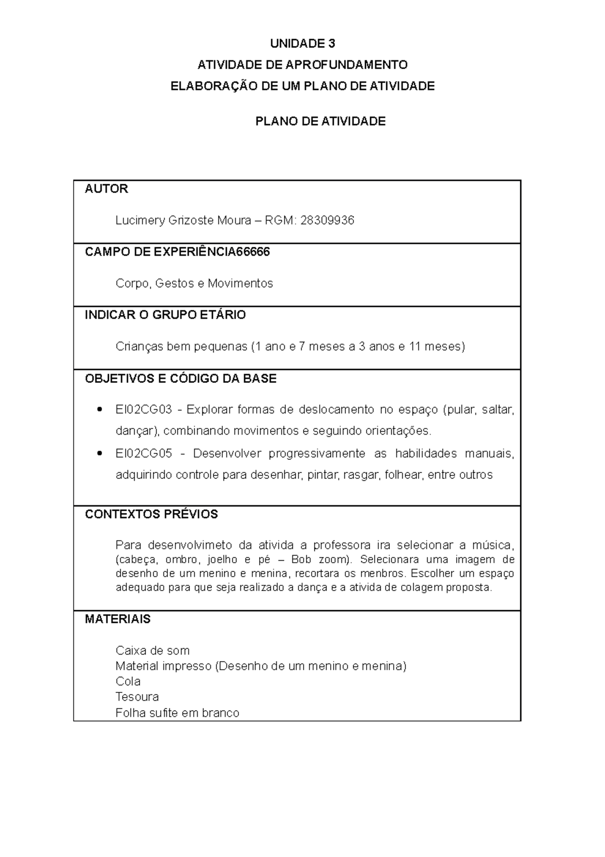 Prática de Ensino em Educação Infantil - Modelo Atividade III - Plano ...