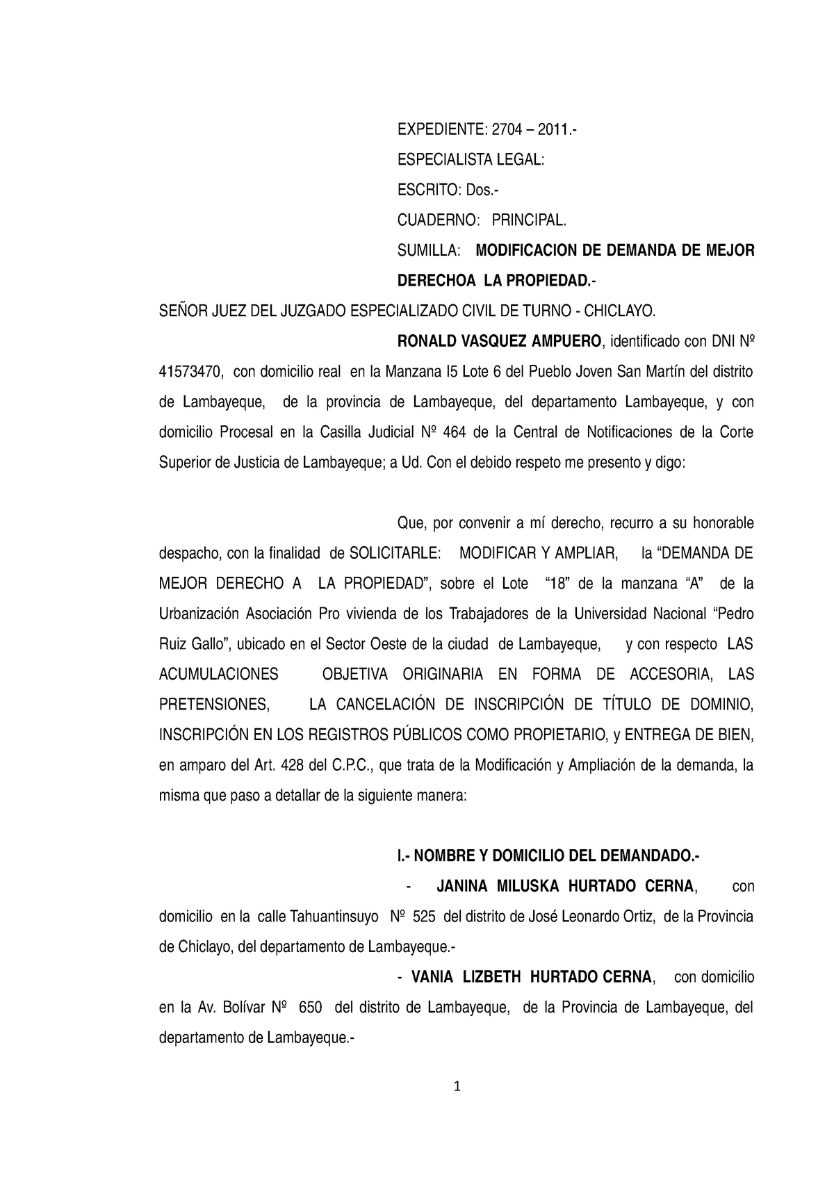 Modificacion DE Demanda - EXPEDIENTE: 2704 – 2011.- ESPECIALISTA LEGAL ...