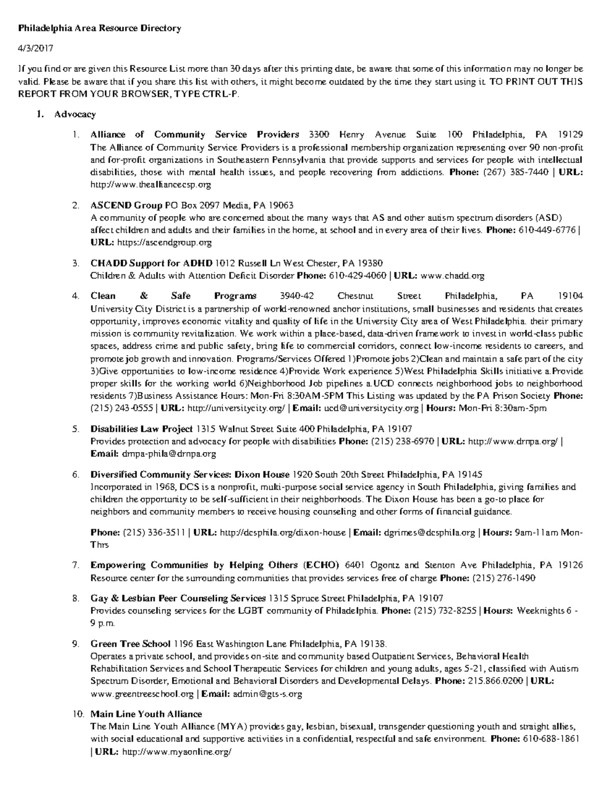 Philadelphia Area Reentry Resource Directory Philadelphia Area Resource Directory 4/3/ If you