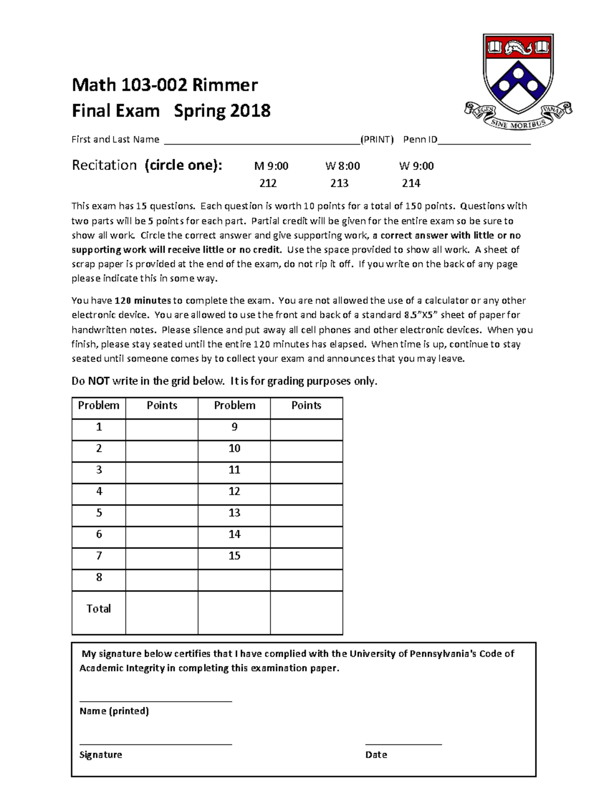 103finalexsp 18 - Finals Practice Questions - Math 103-002 Rimmer Final ...