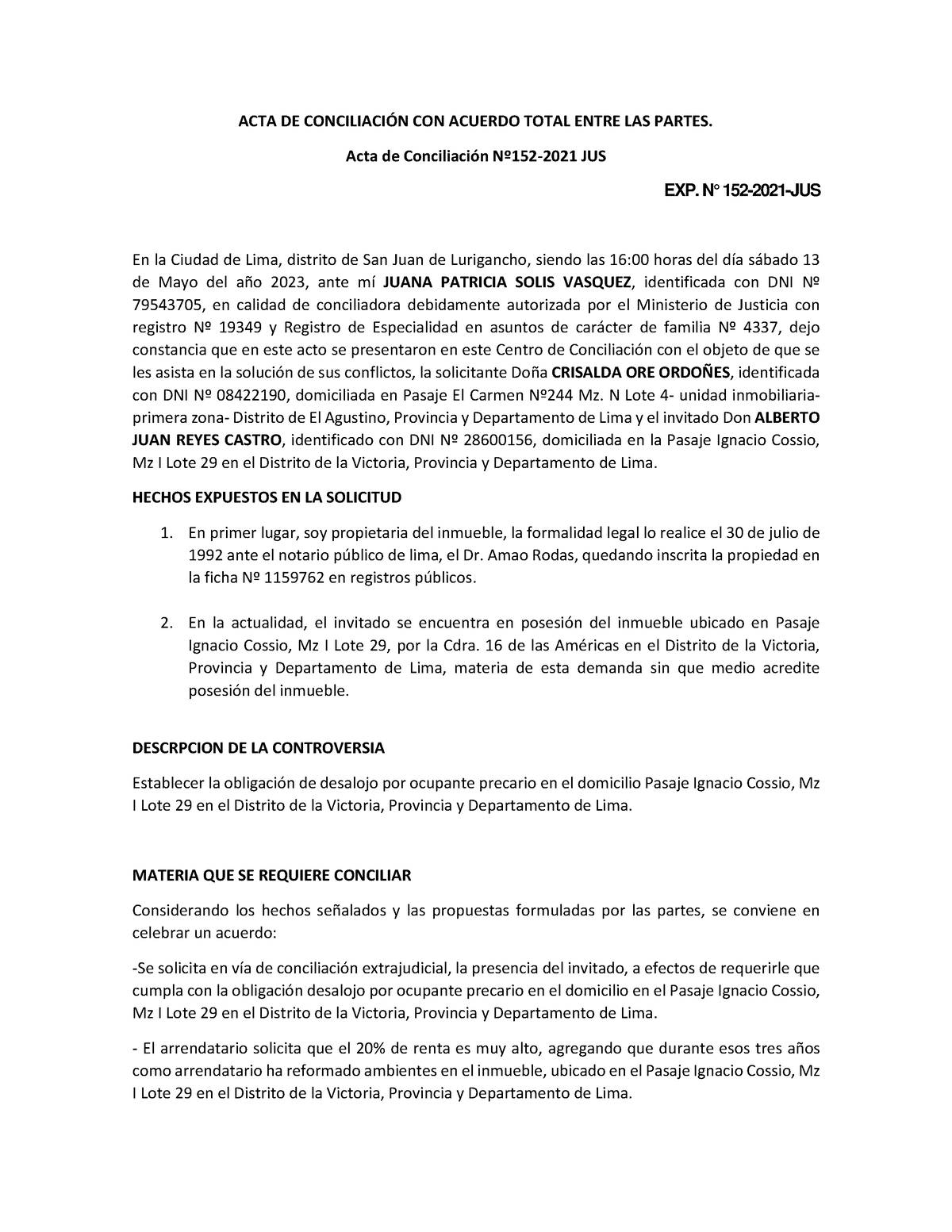 ACTA DE Conciliación CON Acuerdo Total Entre LAS Partes - ACTA DE ...