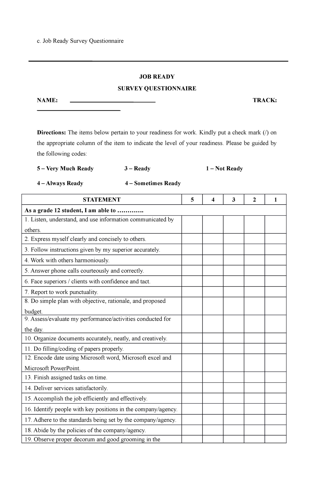 Work Immersion Job Ready Survey Questionnaire Students Career Planning 