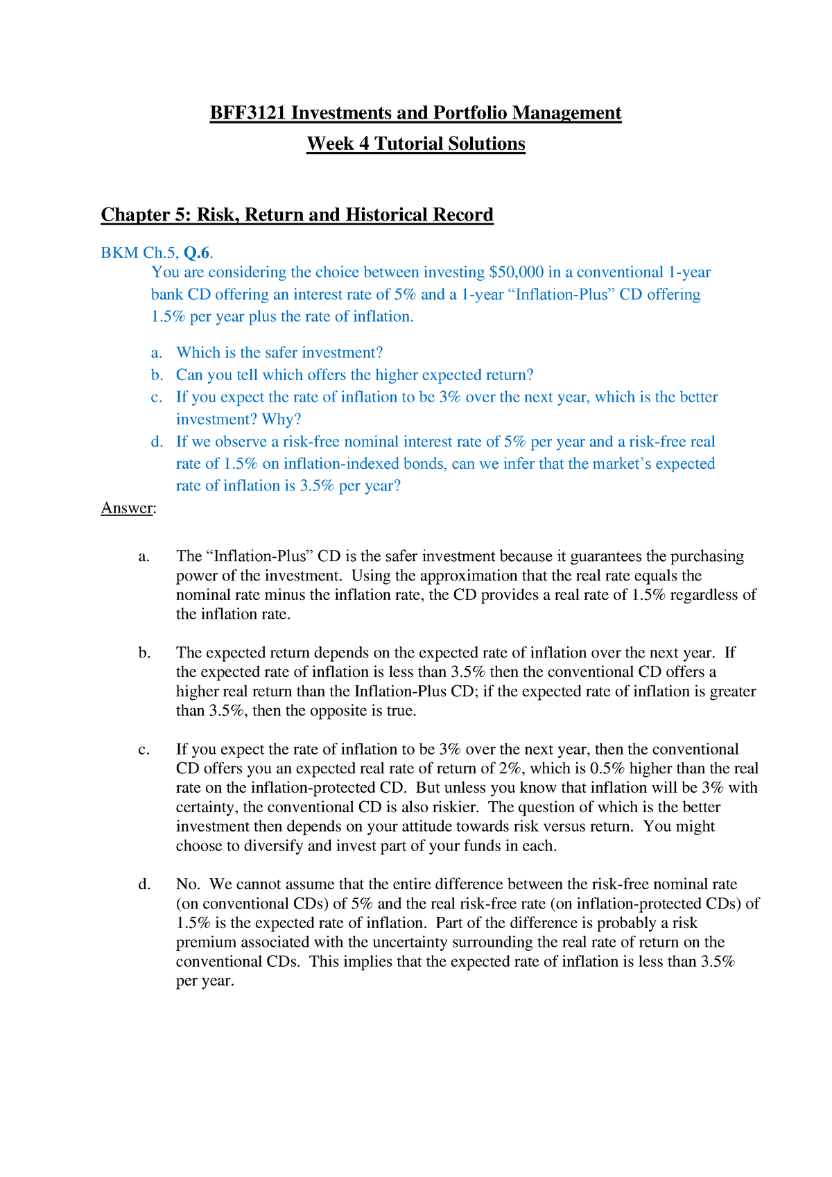 Week 04 Tutorial Solutions - BFF3121 Investments And Portfolio ...