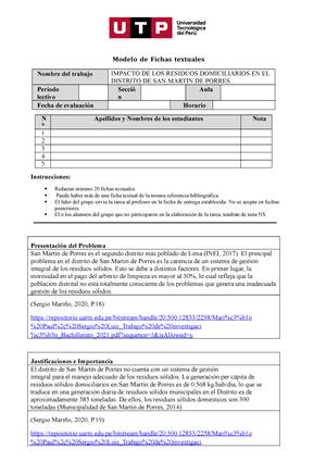 Ejemplo Fichas Textuales 2 - Modelo de Fichas textuales Nombre del trabajo  IMPACTO DE LOS RESIDUOS - Studocu