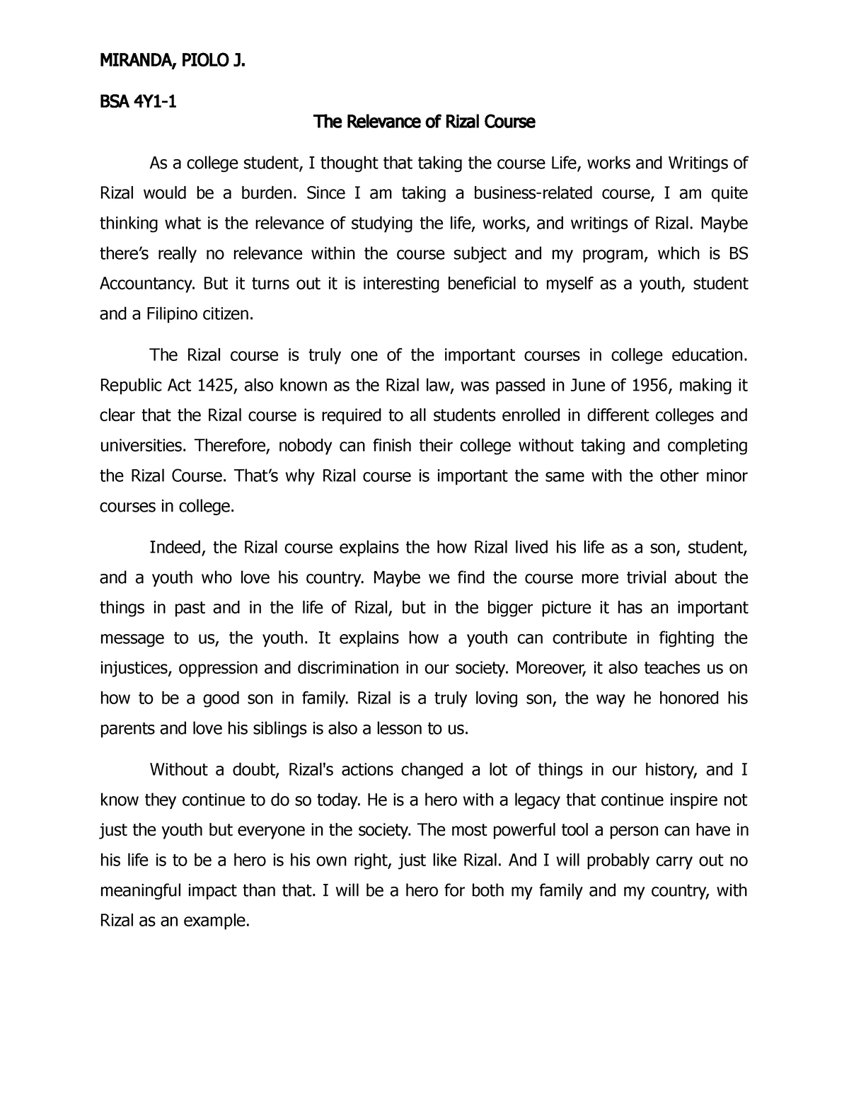 paragraph personal essay on the relevance of the rizal course