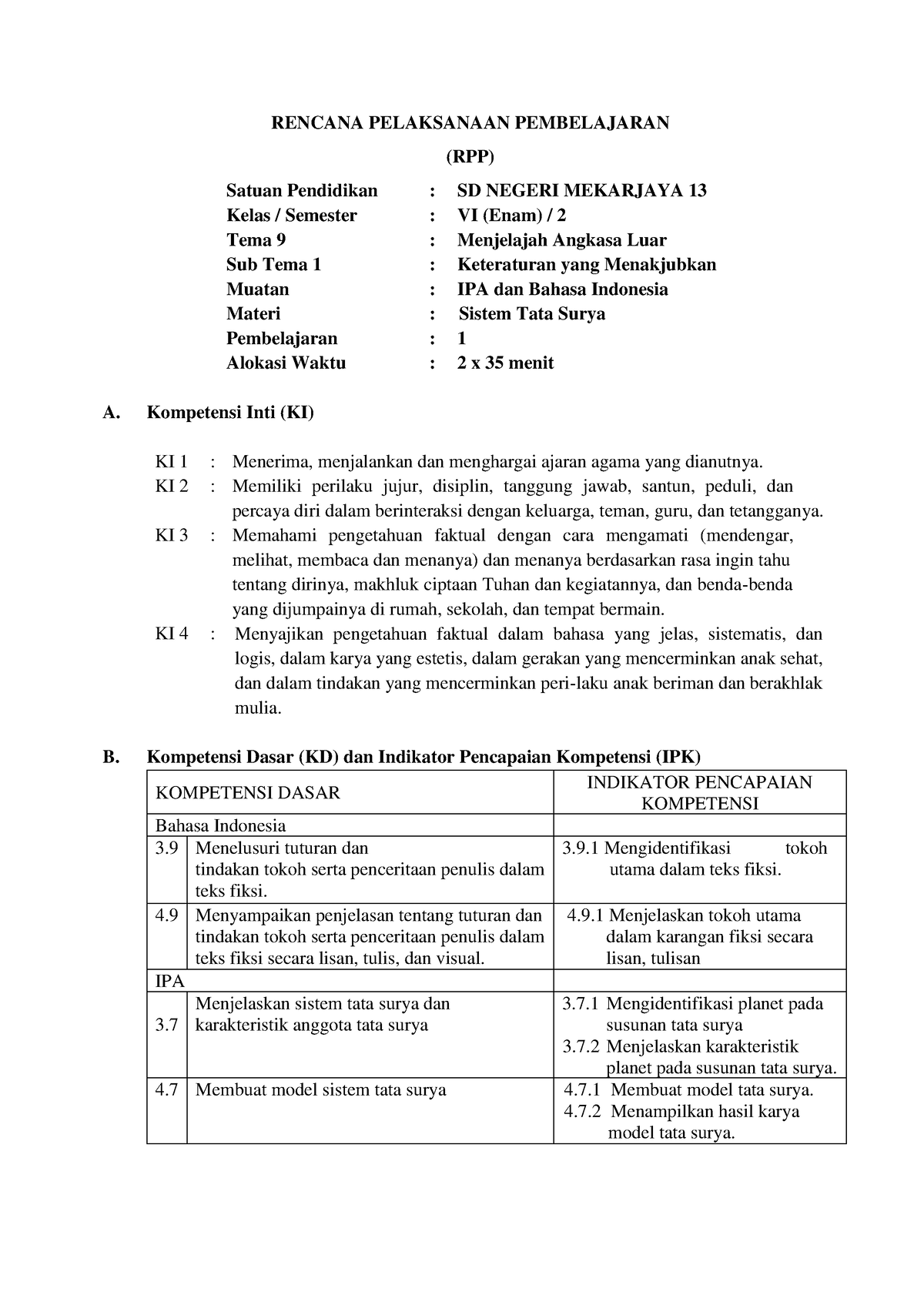 12345 - RENCANA PELAKSANAAN PEMBELAJARAN (RPP) Satuan Pendidikan : SD ...