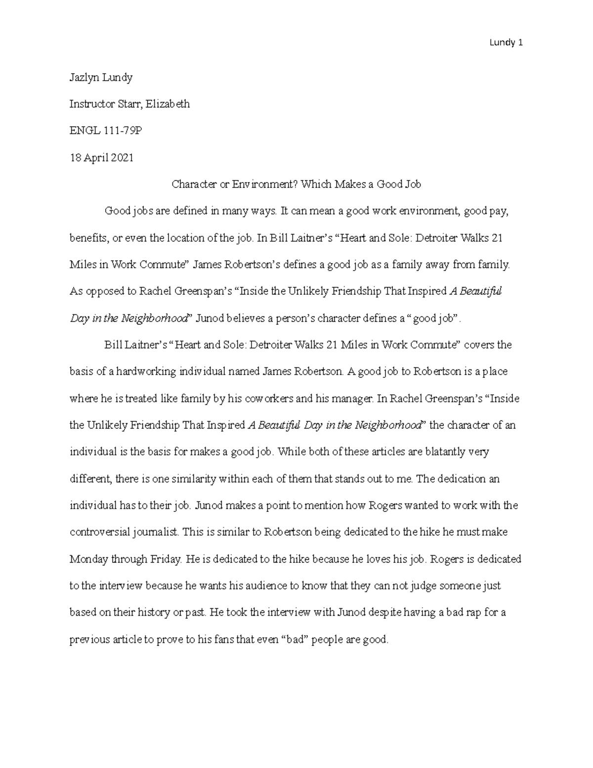 Comparative Analysis Half Draft - Lundy 1 Jazlyn Lundy Instructor Starr ...