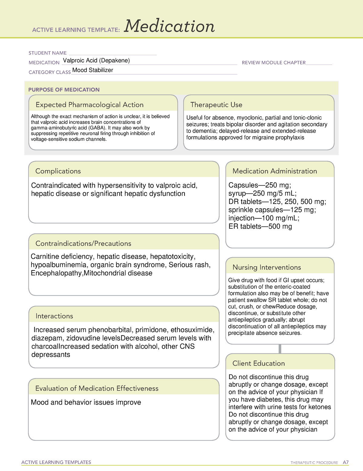 ATI Valproic Acid Medication Sheet ACTIVE LEARNING TEMPLATES