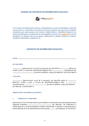 Contrato de distribucion exclusiva modelo ejemplo - MODELO DE CONTRATO DE  DISTRIBUCIÓN EXCLUSIVA En - Studocu