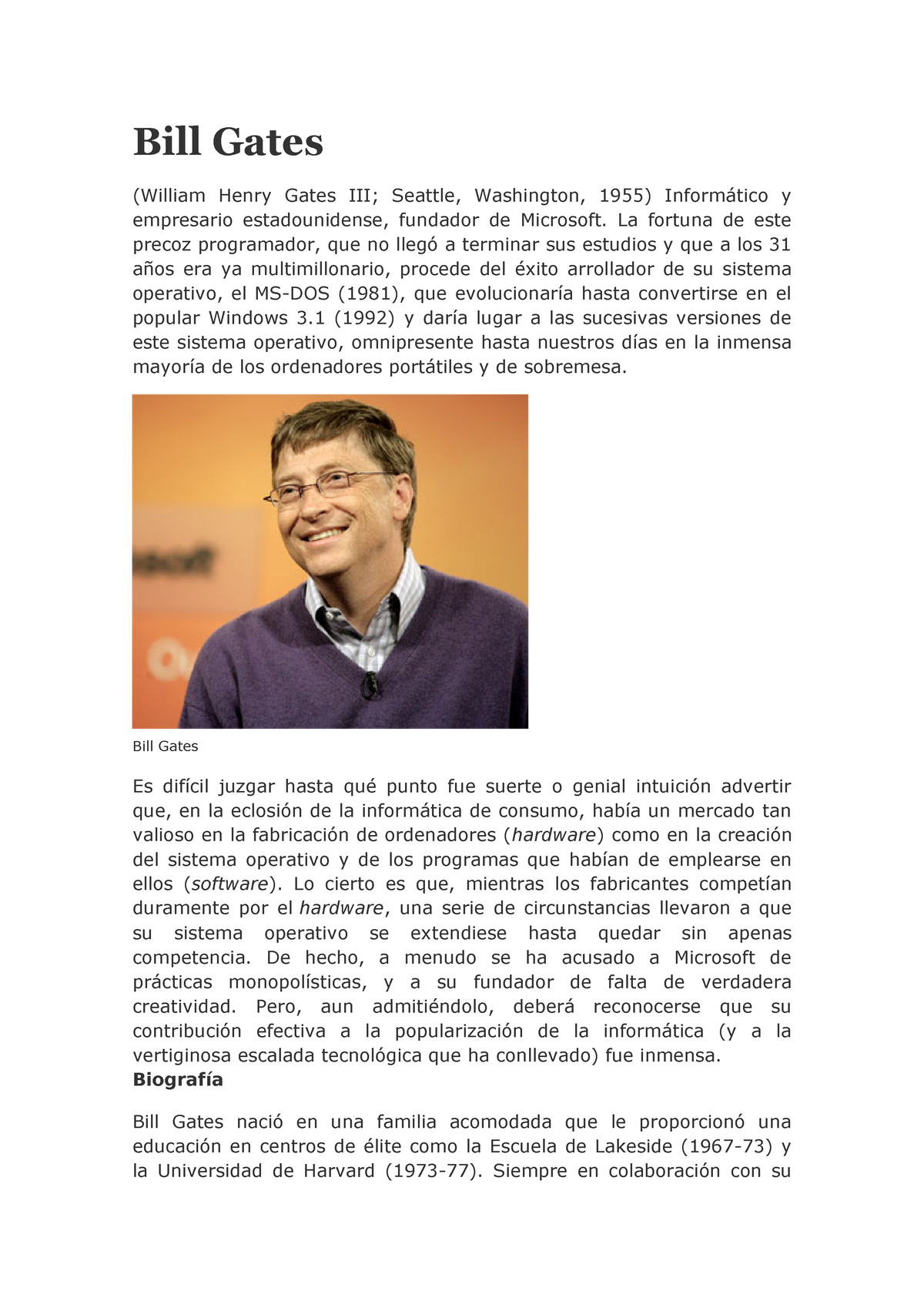 Biografía de Bill Gates - Bill Gates (William Henry Gates III; Seattle ...