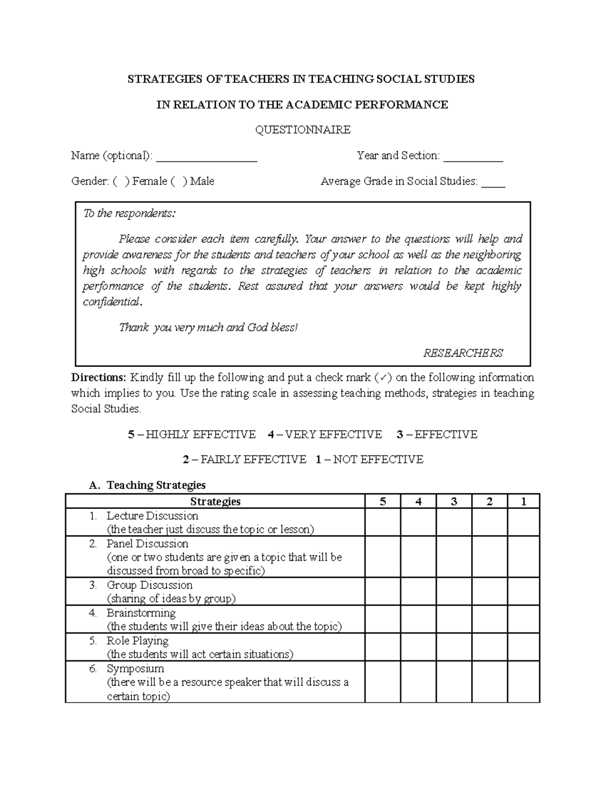 Academic performance research questionna - STRATEGIES OF TEACHERS IN ...