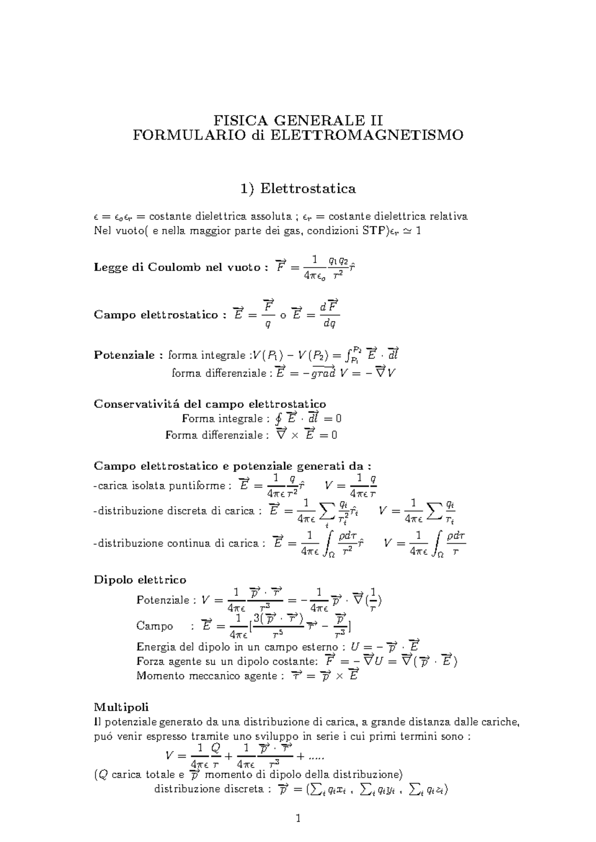 Formulario-fis2 - formulario - FISICA GENERALE II FORMULARIO di ...