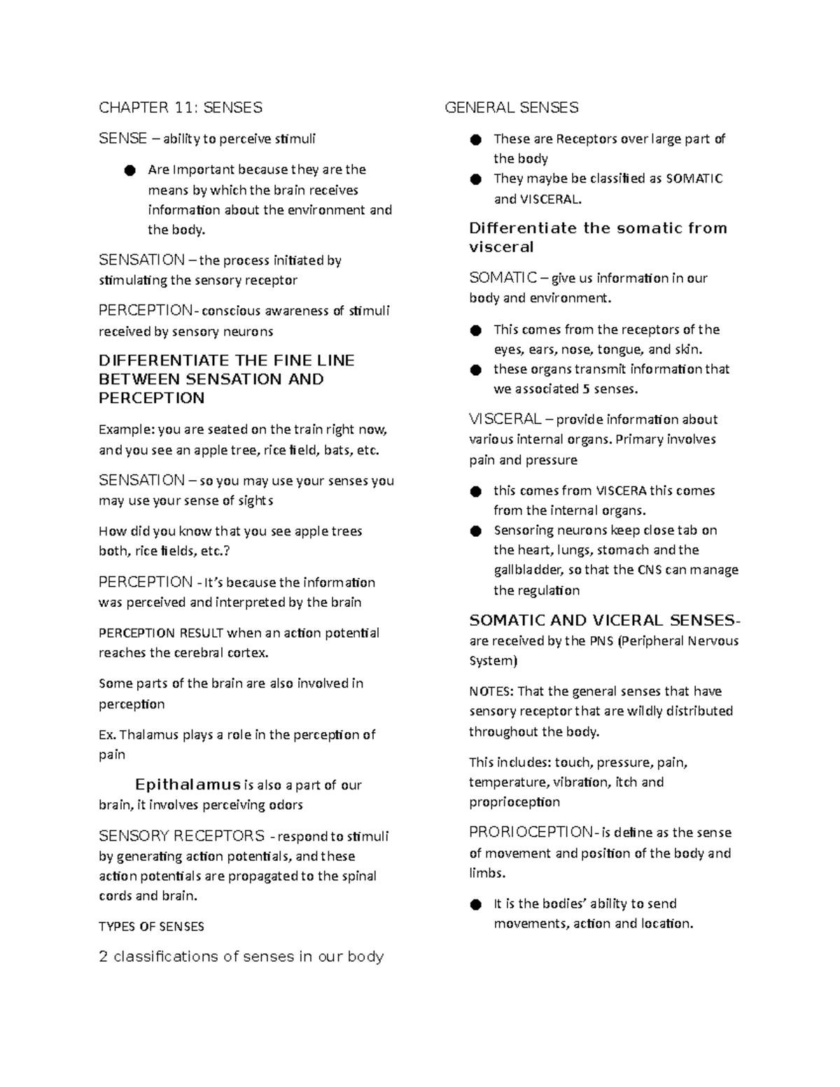 Chapter 11 reviewer anaphy - CHAPTER 11: SENSES SENSE – ability to ...