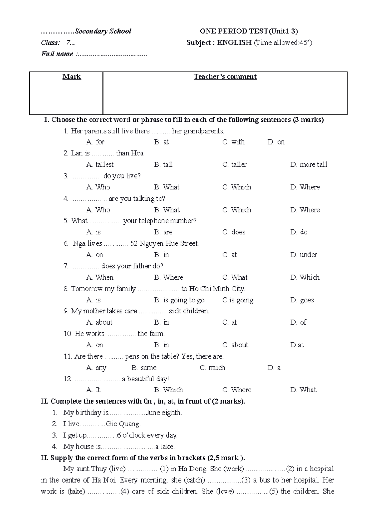 1222222222222222222 - ............. School ONE PERIOD TEST(Unit1-3 ...