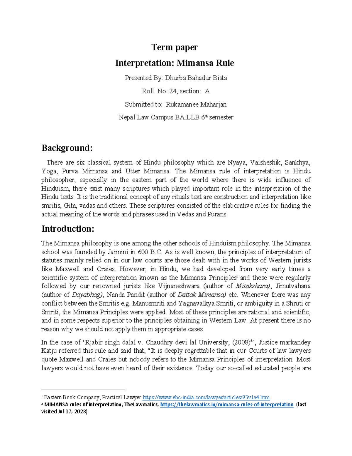 Mimansa rule of interpretation of hinu law Term paper Interpretation