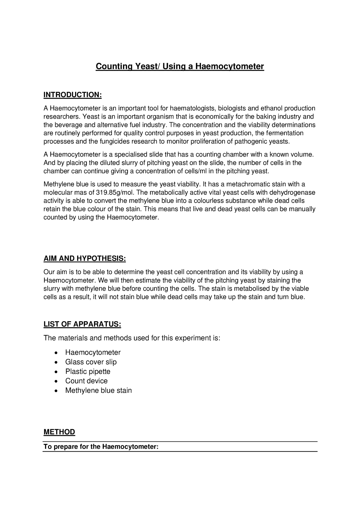 Using A Haemocytometer Report - Counting Yeast/ Using a Haemocytometer ...
