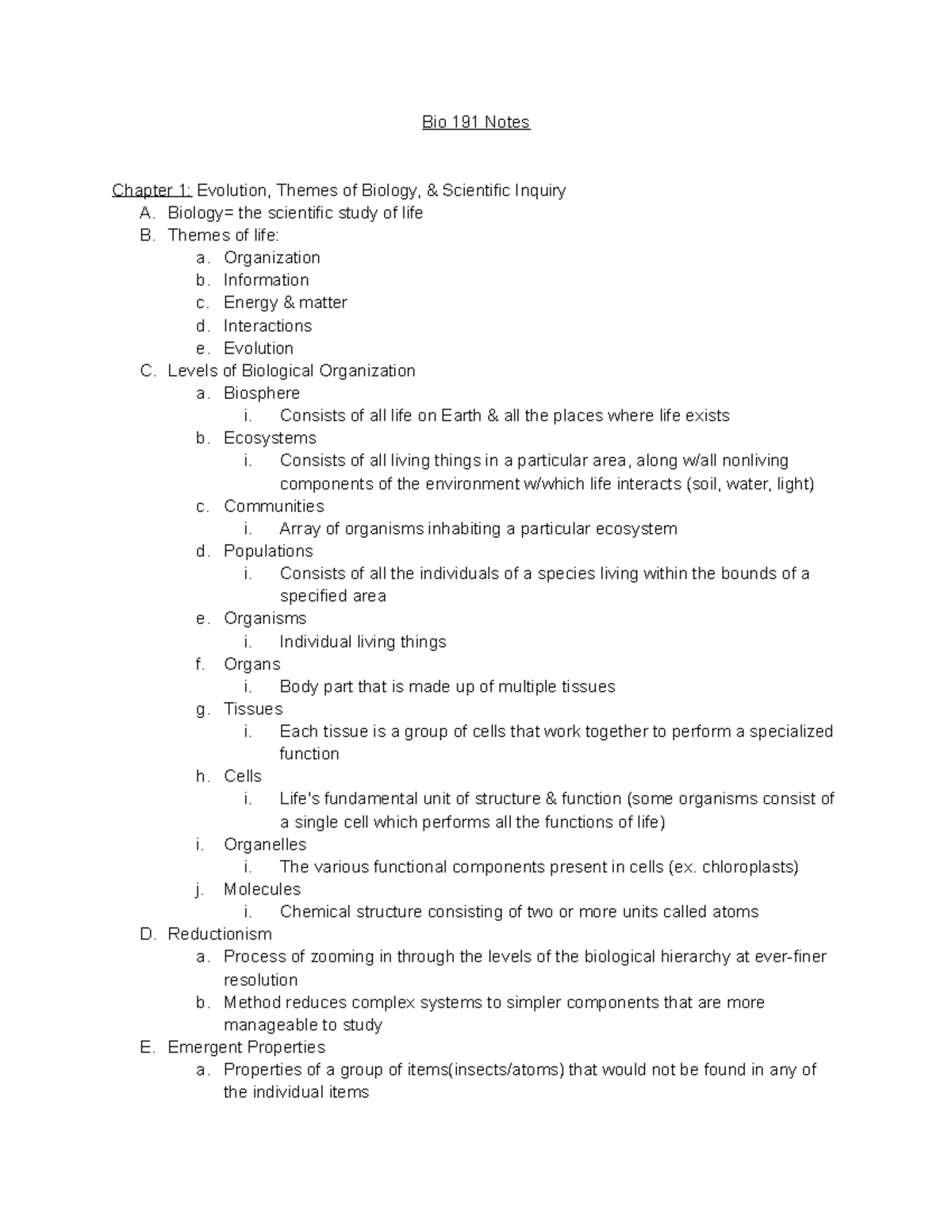 Bio 191 Notes - Just testing for right now. - Bio 191 Notes Chapter 1 ...