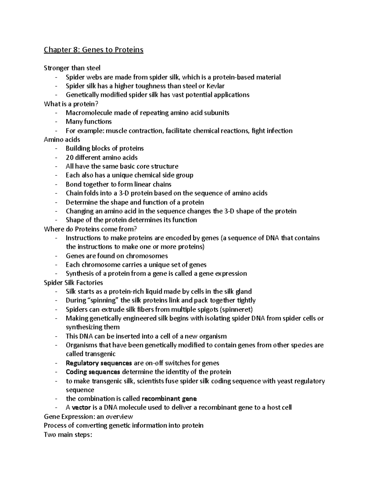 Chapter 8 notes - Chapter 8: Genes to Proteins Stronger than steel ...