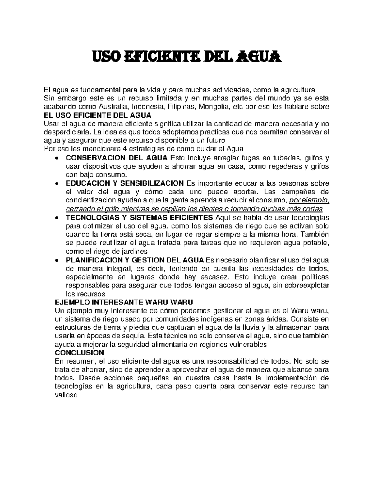 Estudiar uso - uso eficiente del agua - Uso eficiente del Agua El agua ...