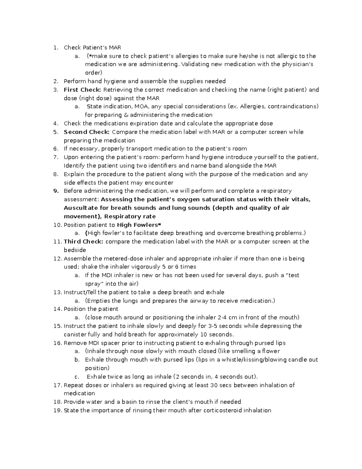 Procedure for Inhaled medications - MDI - Check Patient’s MAR a. (*make ...