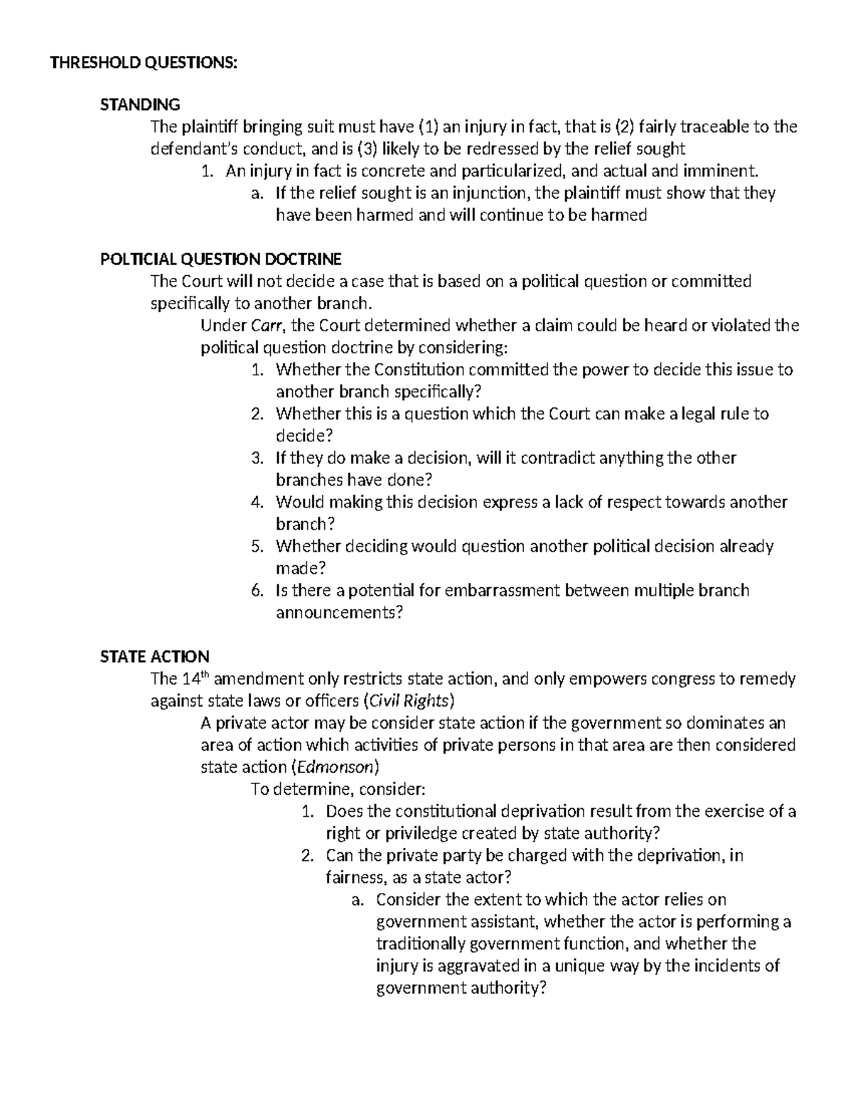 Con Law Essay Outlines ML THRESHOLD QUESTIONS STANDING The plaintiff