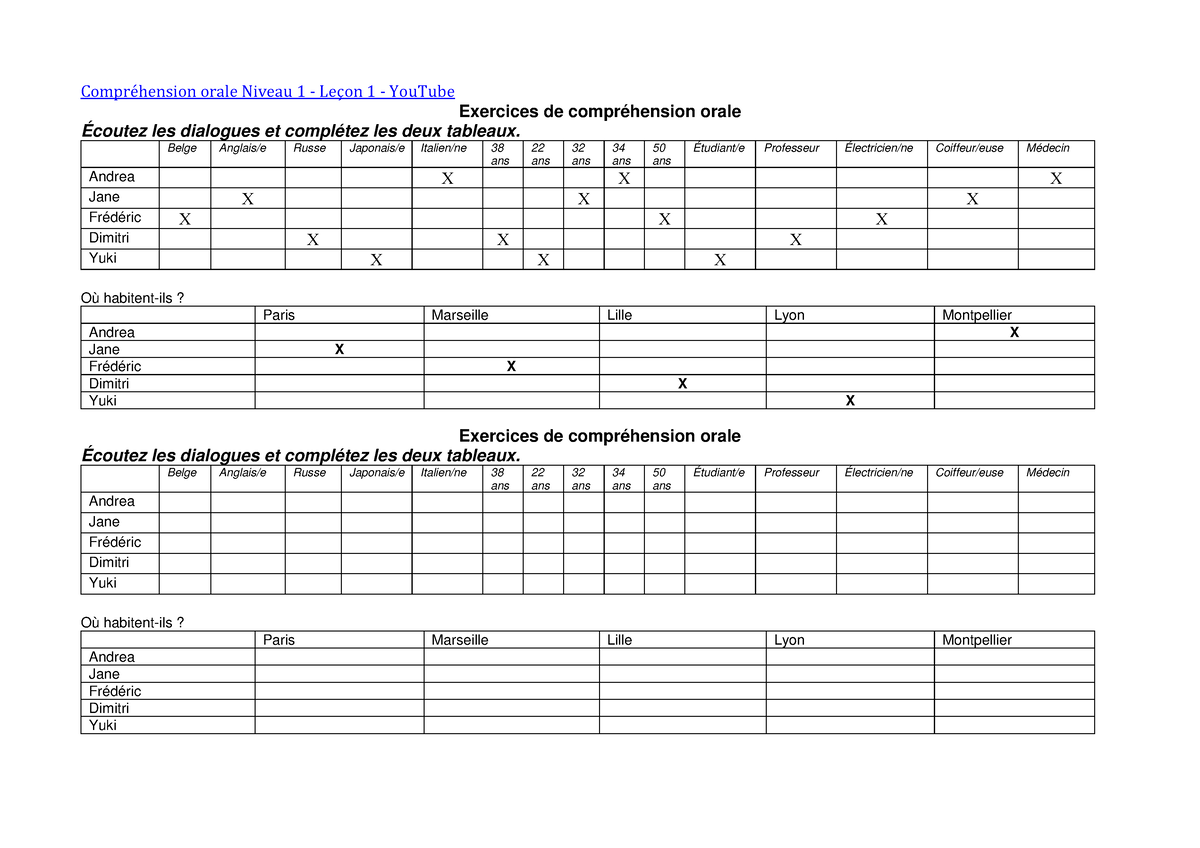 Hs 1203 Class 1 Comprehension Orale Compréhension Orale Niveau 1