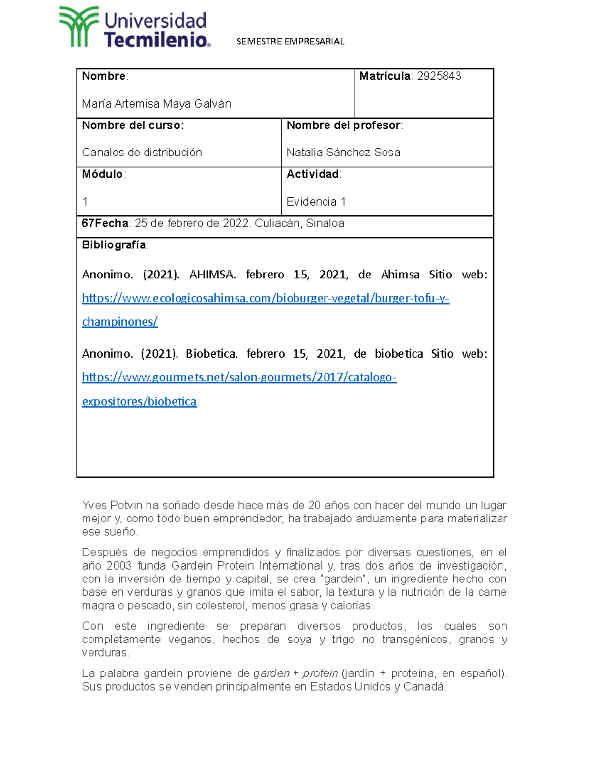 Evidencia 1 de canales de distribucion de la universidad tecmilenio ...