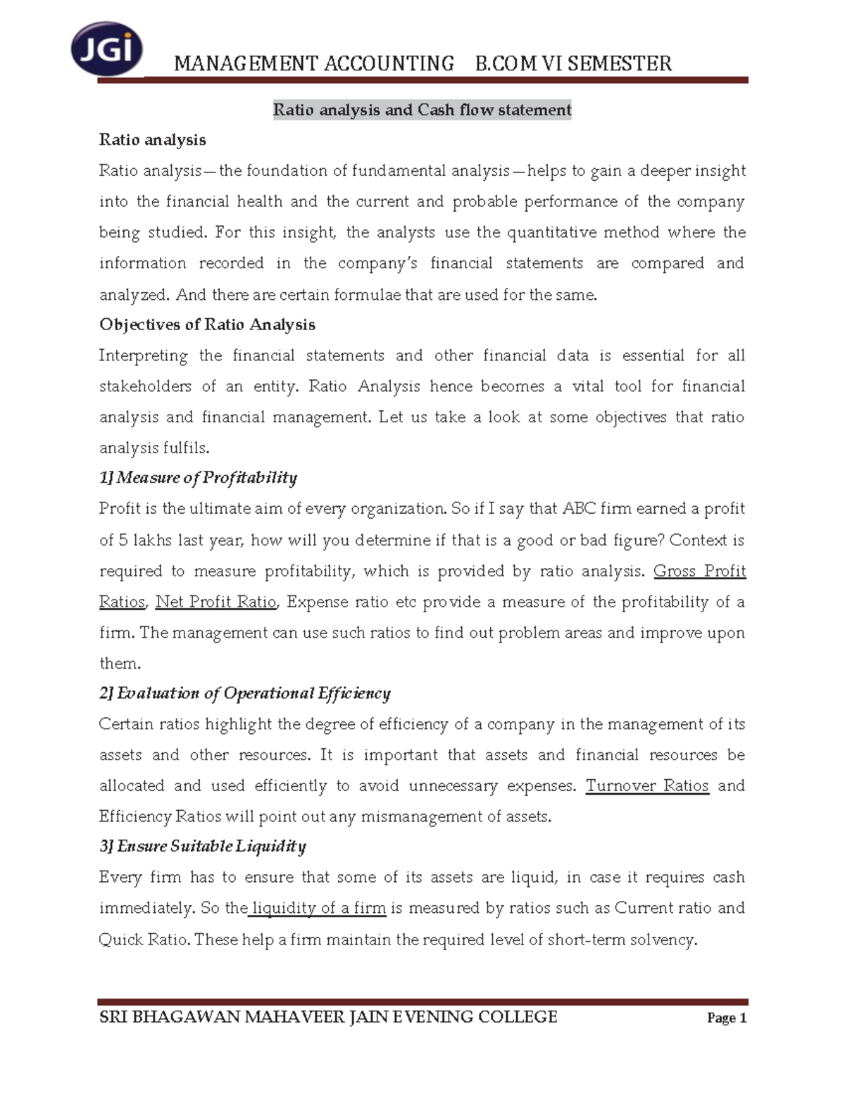 VI Sem Bcom Management Accounting notes - Ratio analysis and Cash flow ...