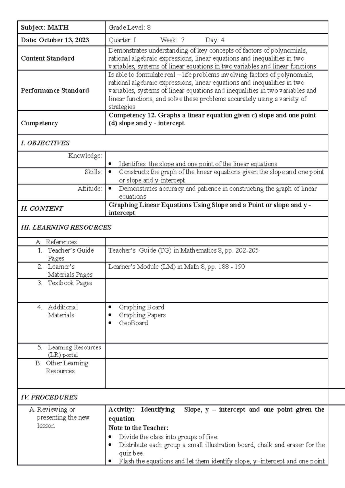 MATH 8 W7 D5 - lesson plan - Subject: MATH Grade Level: 8 Date: October ...