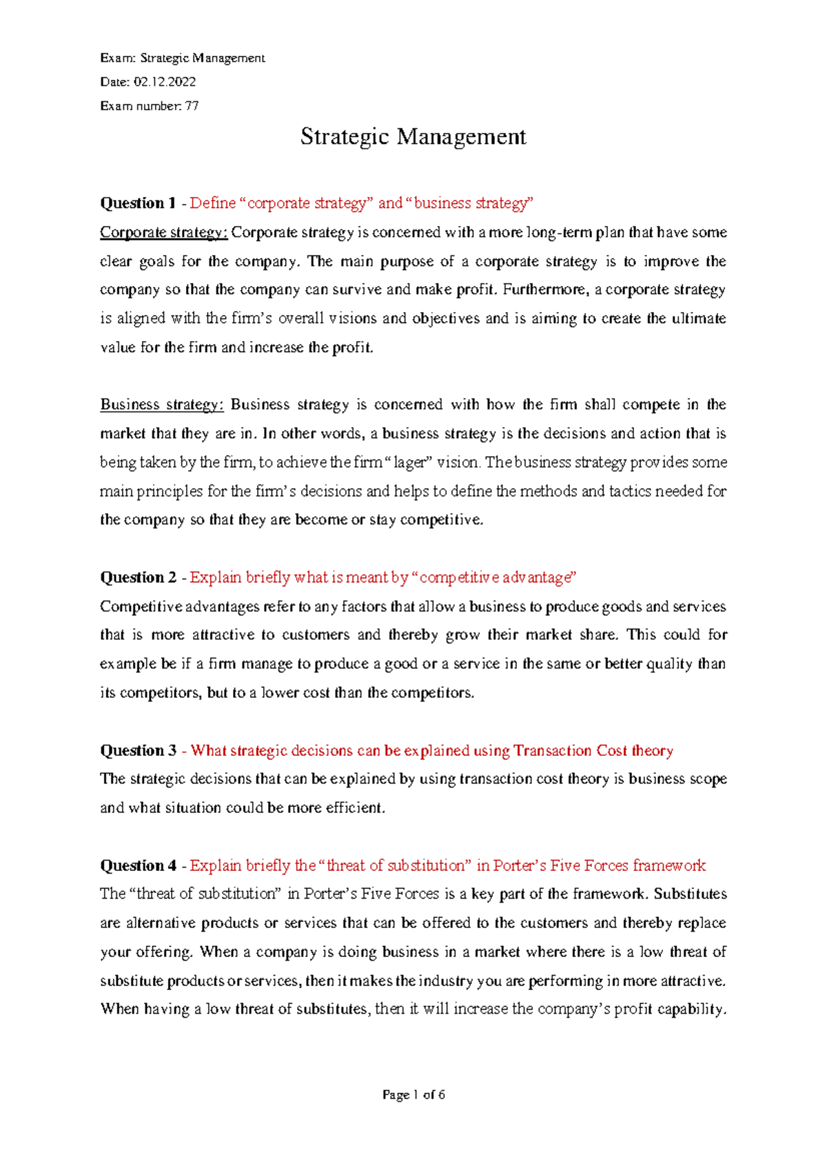 Strategic Management - Exam - Date: 02. Exam Number: 77 Strategic ...