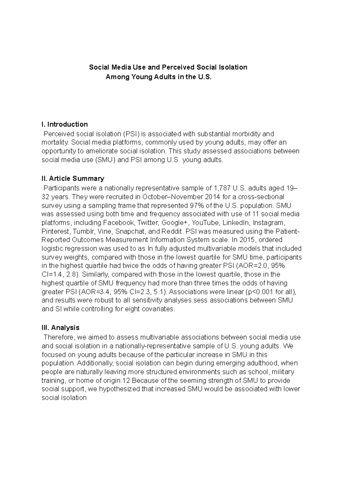Critique - Social Media Use and Perceived Social Isolation Among Young ...